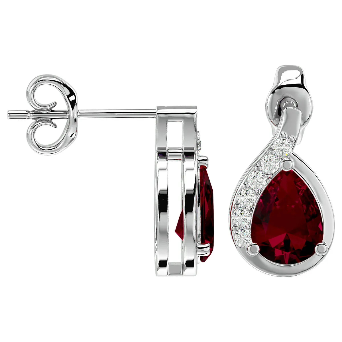 1 3/4 Carat Ruby And Diamond Pear Shape Stud Earrings In 14 Karat White Gold