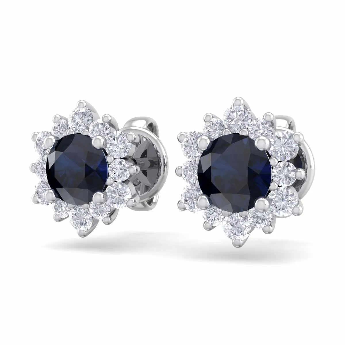 1 Carat Round Shape Flower Sapphire And Diamond Halo Stud Earrings In 14 Karat White Gold