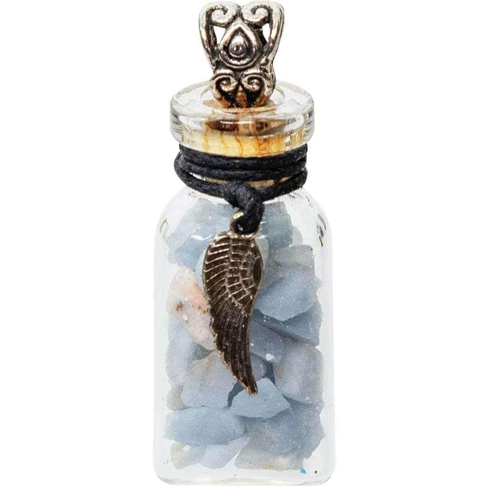 1.75" Gemstone Chip Bottle Necklace - Angelite with Angel Wing