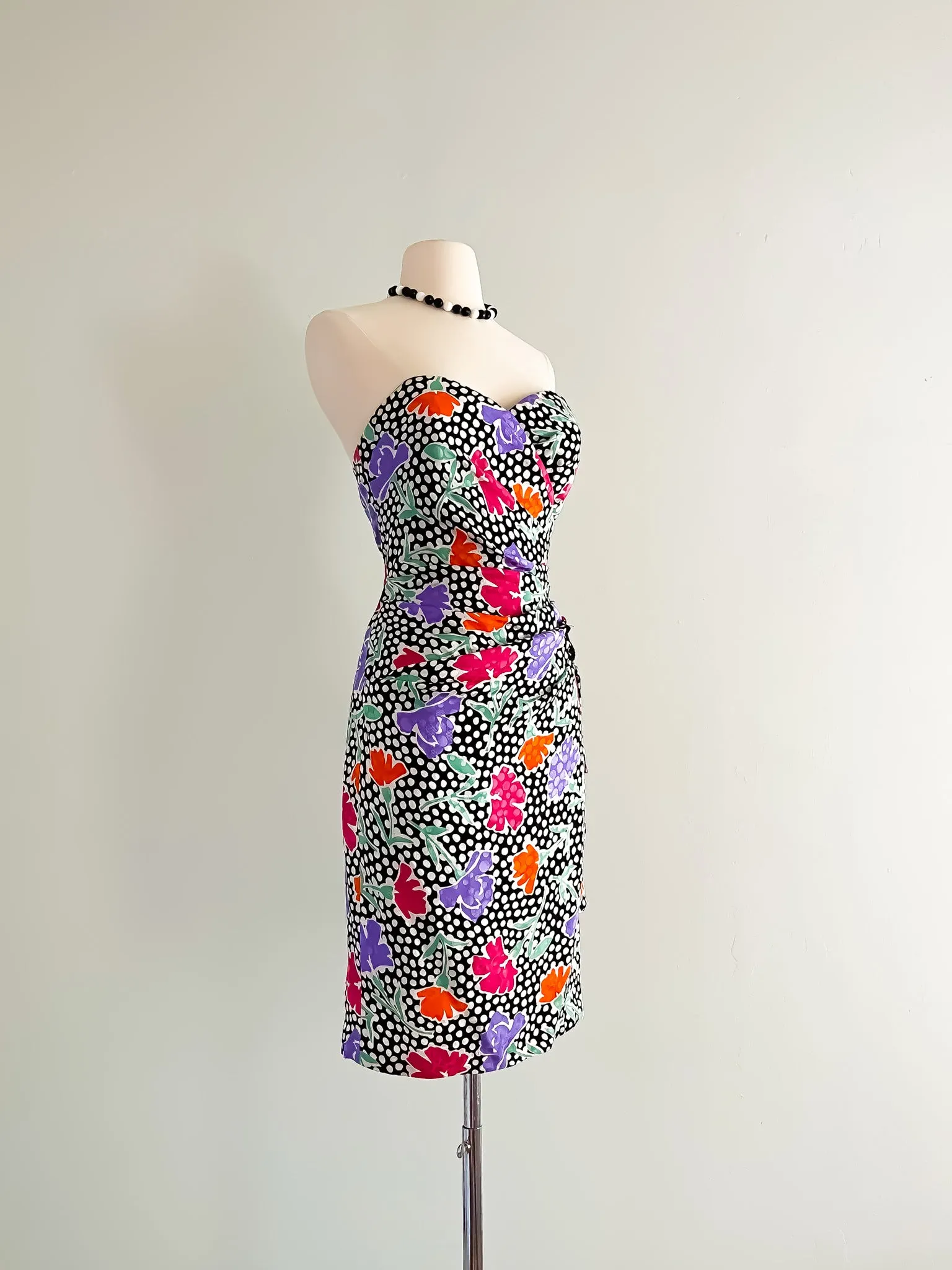 1980's AJ Bari Polka Dot Floral Print Party Dress / Sz M