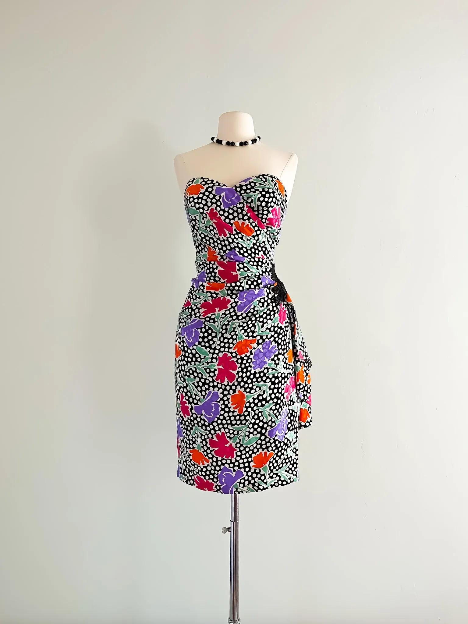 1980's AJ Bari Polka Dot Floral Print Party Dress / Sz M