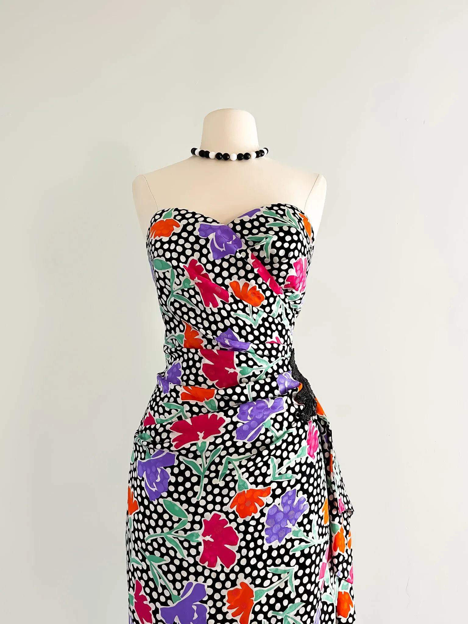 1980's AJ Bari Polka Dot Floral Print Party Dress / Sz M