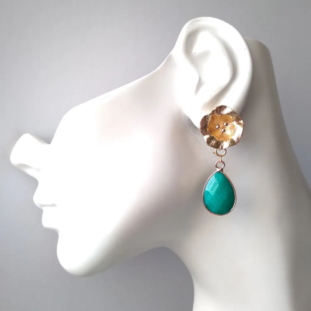 3 Pistil with Teal Jade Stud Earrings