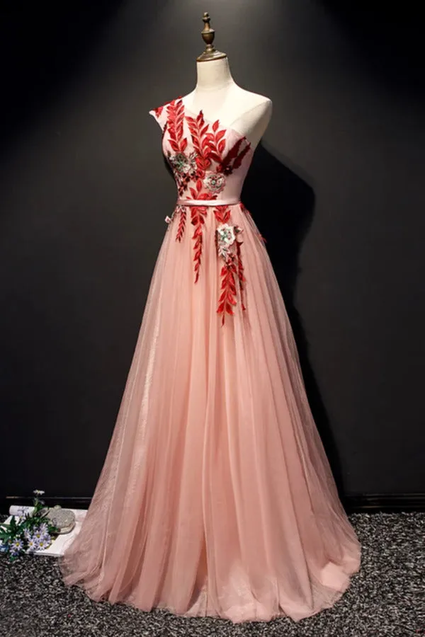 A Line One Shoulder Tulle Red Applique Long Prom Dress PA91PY8Y