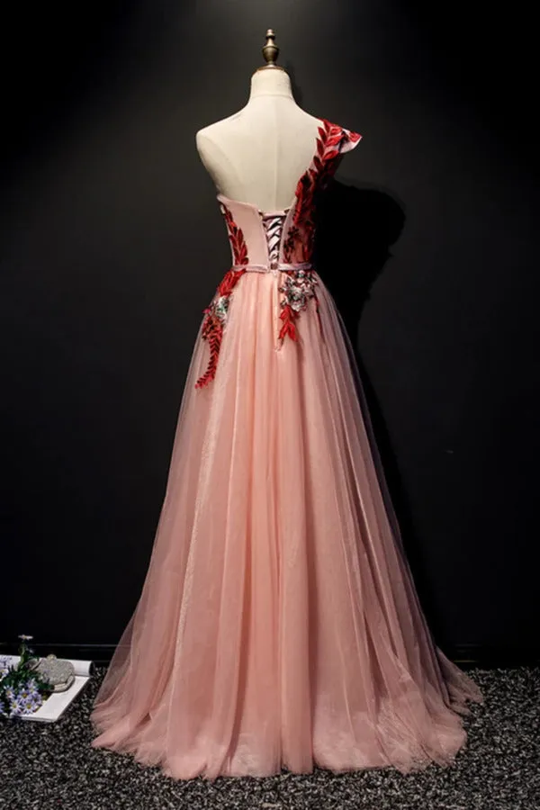 A Line One Shoulder Tulle Red Applique Long Prom Dress PA91PY8Y