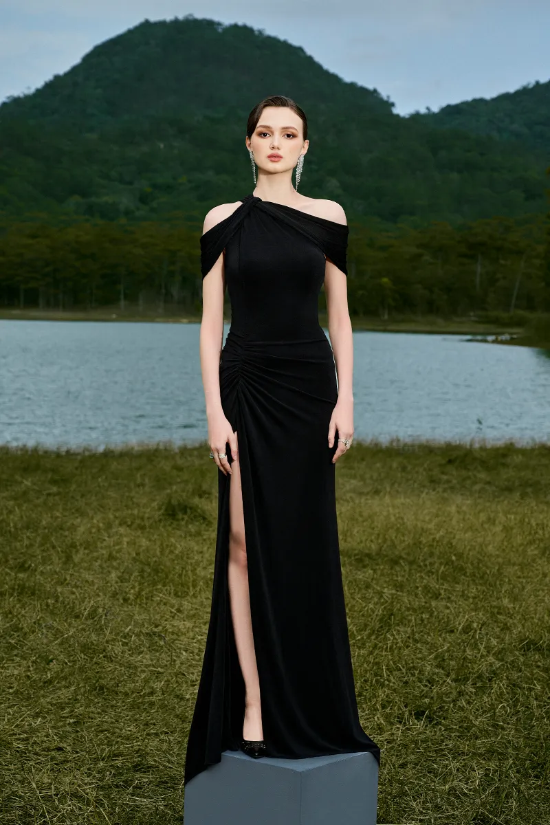 ADELE BLACK ASYMMETRIC MAXI DRESS