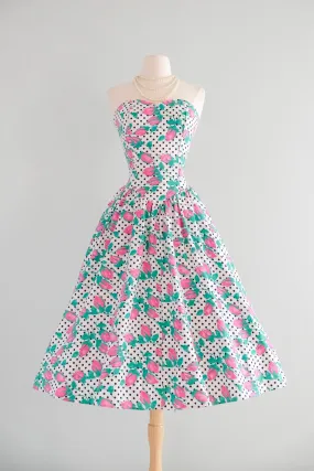 Adorable 1980's Rose Buds & Polka Dots Strapless Garden Party Dress / Sz M