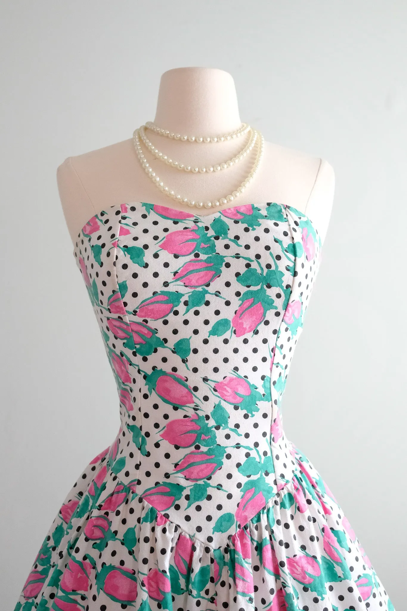 Adorable 1980's Rose Buds & Polka Dots Strapless Garden Party Dress / Sz M