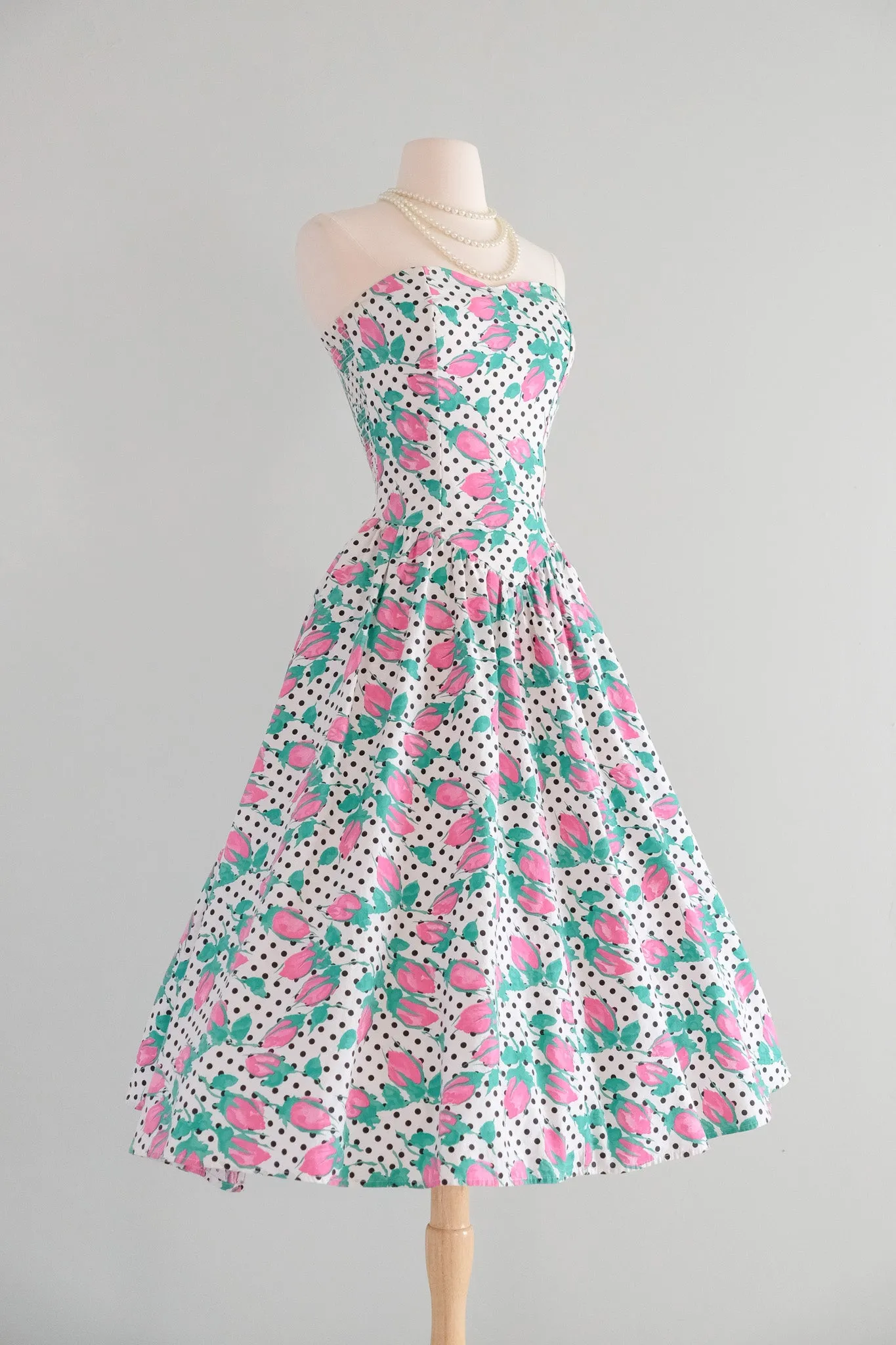 Adorable 1980's Rose Buds & Polka Dots Strapless Garden Party Dress / Sz M