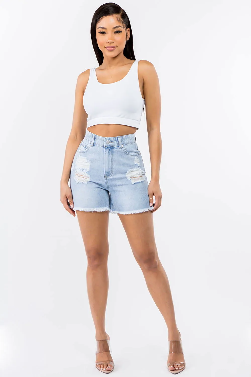 American Bazi High Waist Distressed Raw Hem Denim Shorts