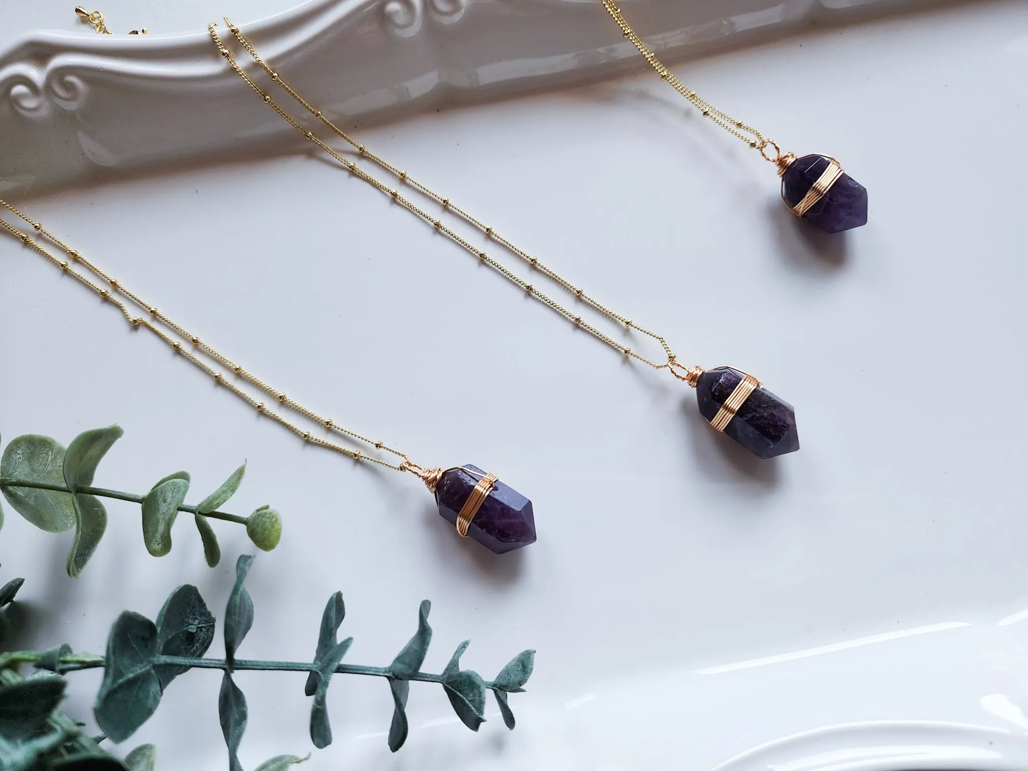 Amethyst Double Terminated Wire Wrap Gold Necklace