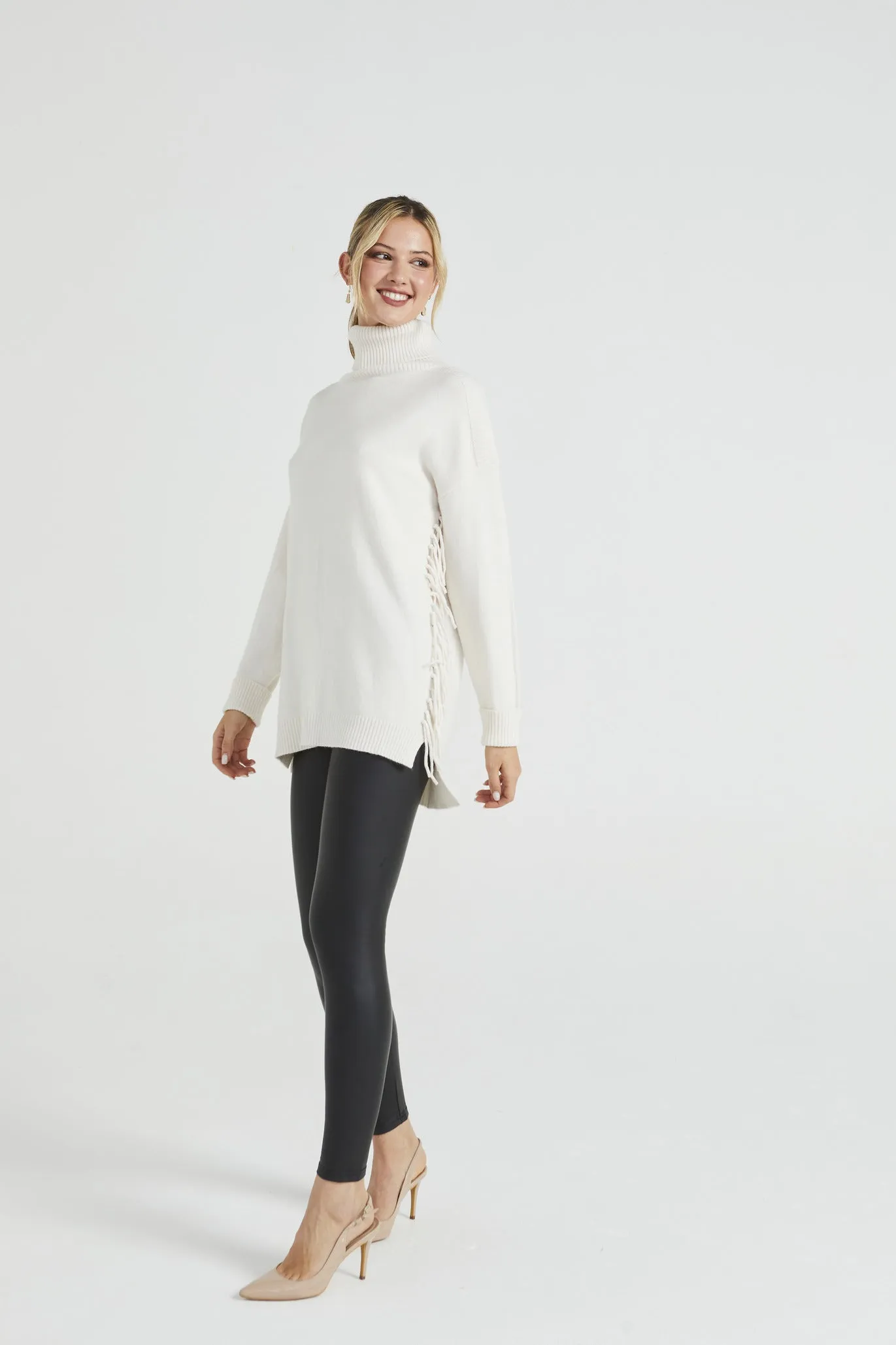 Angeleye High Neck Long Jumper With Side Tassles In Apricot