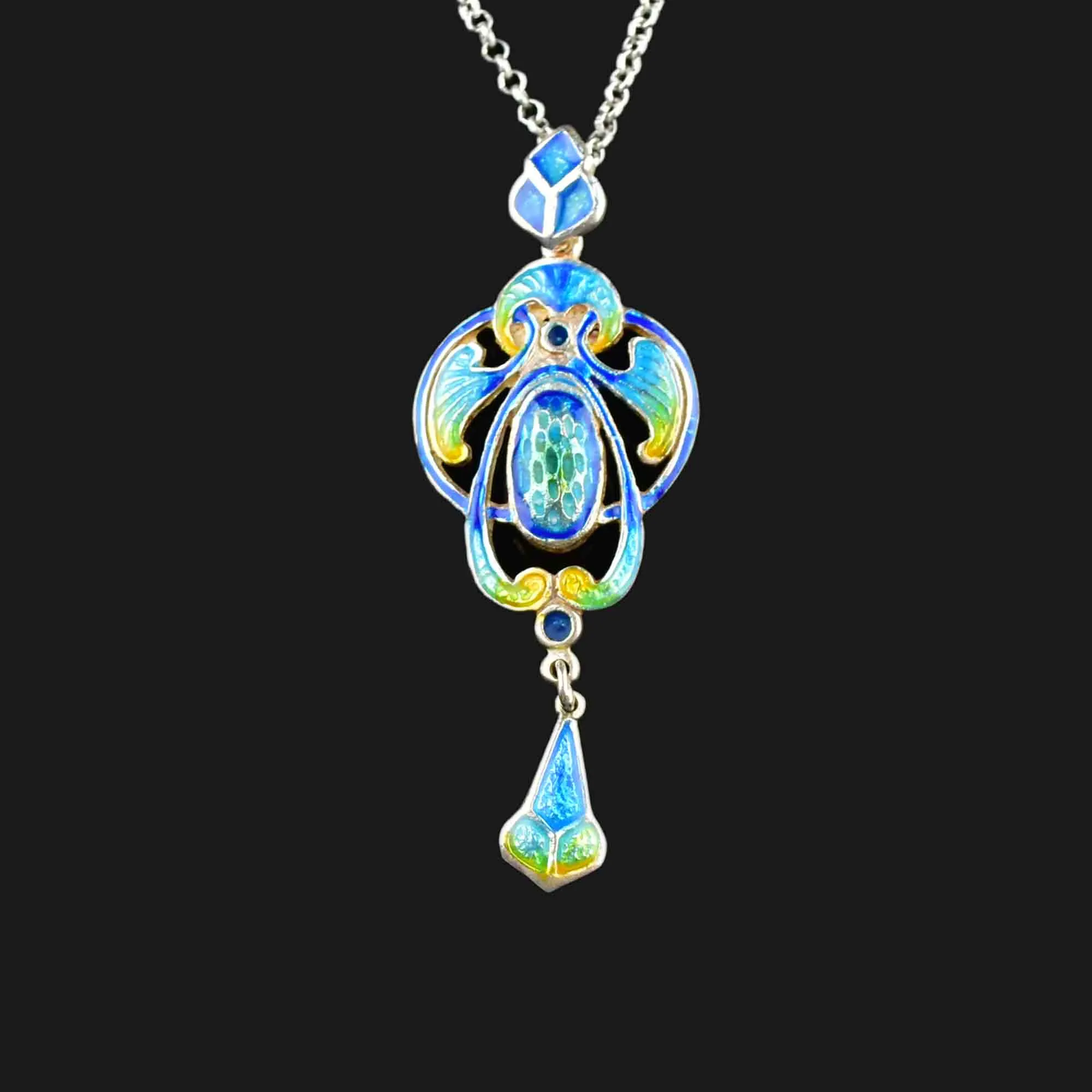 Art Nouveau Silver Guilloche Enamel Pendant Necklace