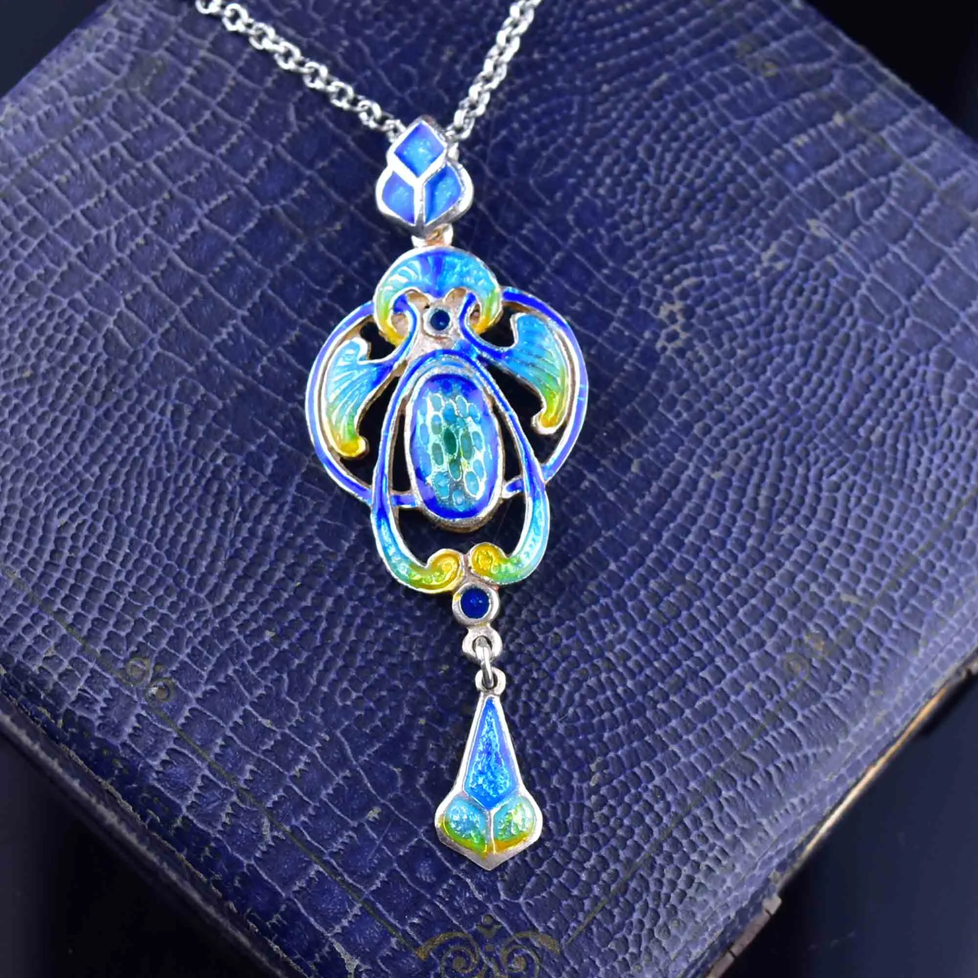 Art Nouveau Silver Guilloche Enamel Pendant Necklace