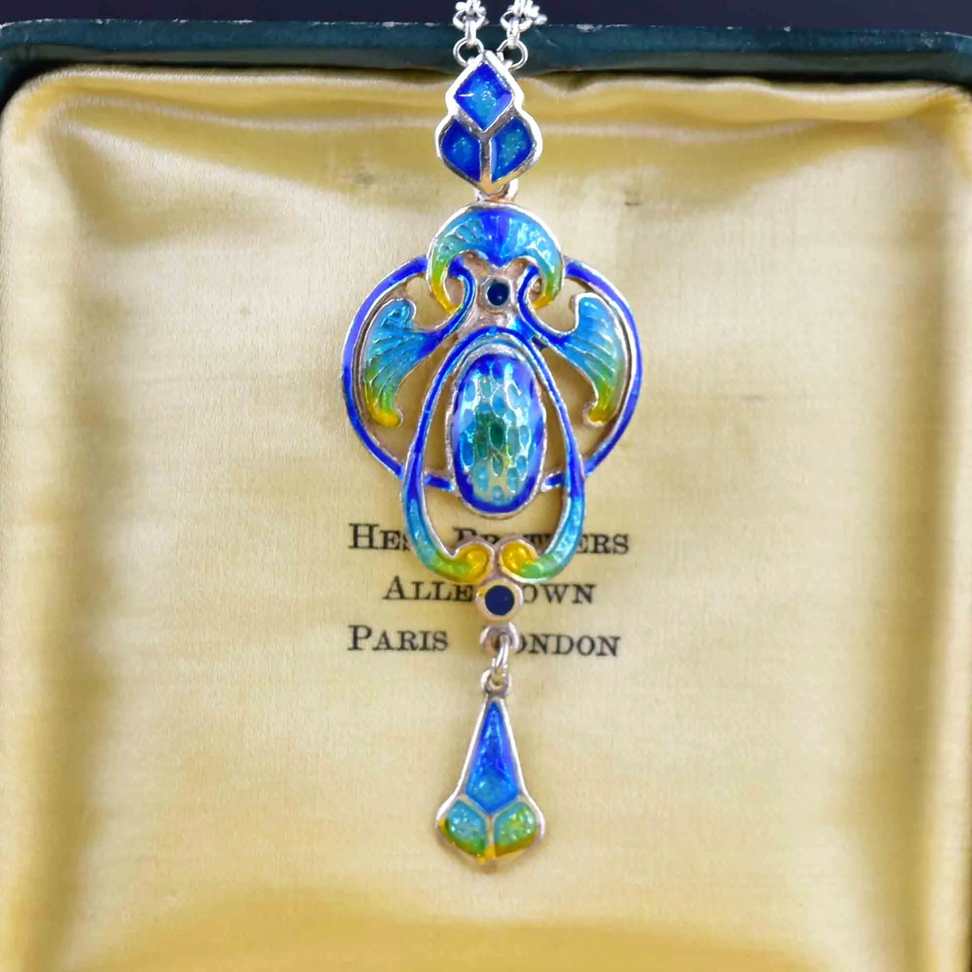 Art Nouveau Silver Guilloche Enamel Pendant Necklace