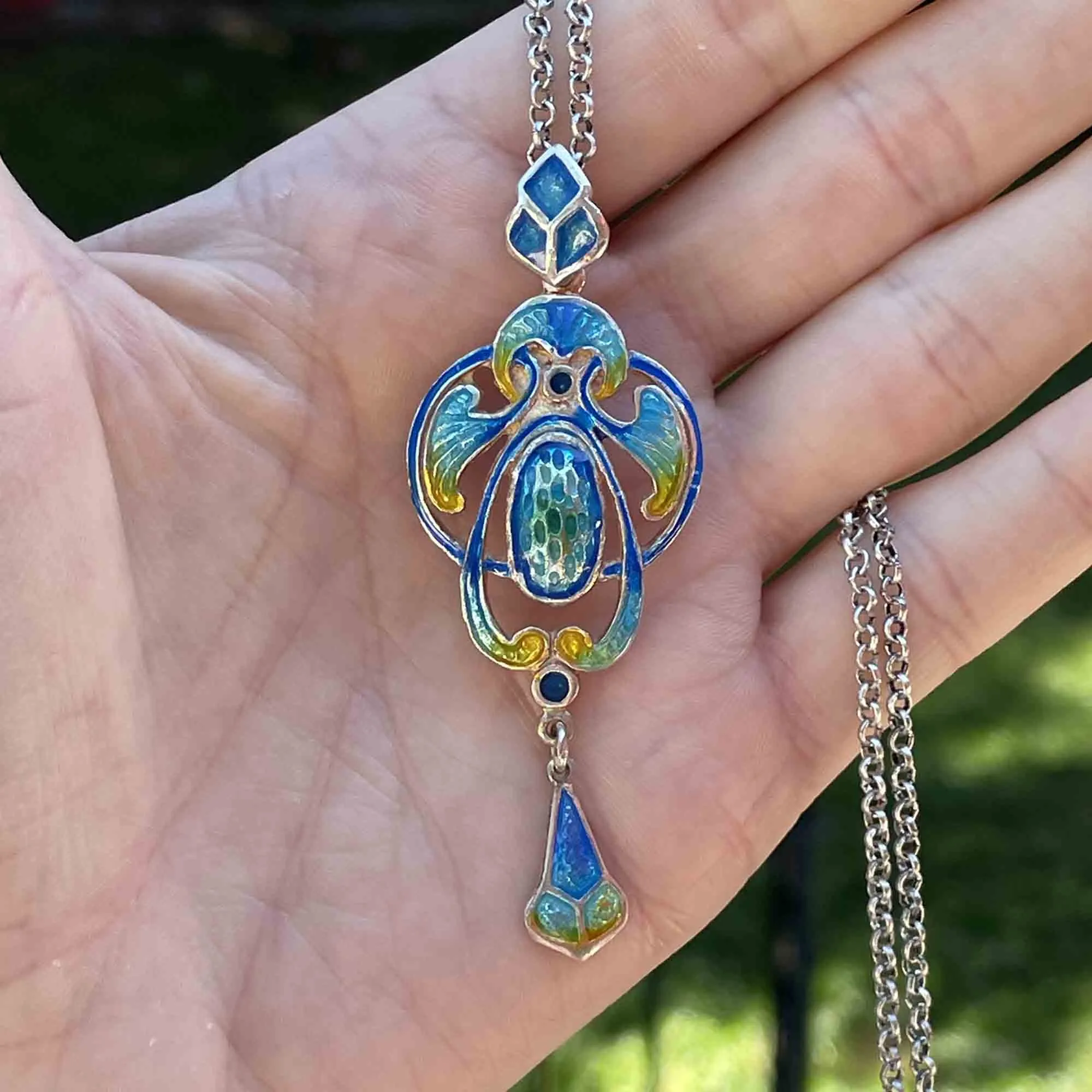 Art Nouveau Silver Guilloche Enamel Pendant Necklace