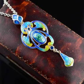 Art Nouveau Silver Guilloche Enamel Pendant Necklace