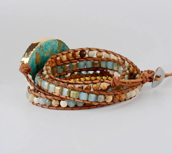 Azurea Aqua Sea Turquoise Gilded Jasper Stone Beaded Wrap Bracelet