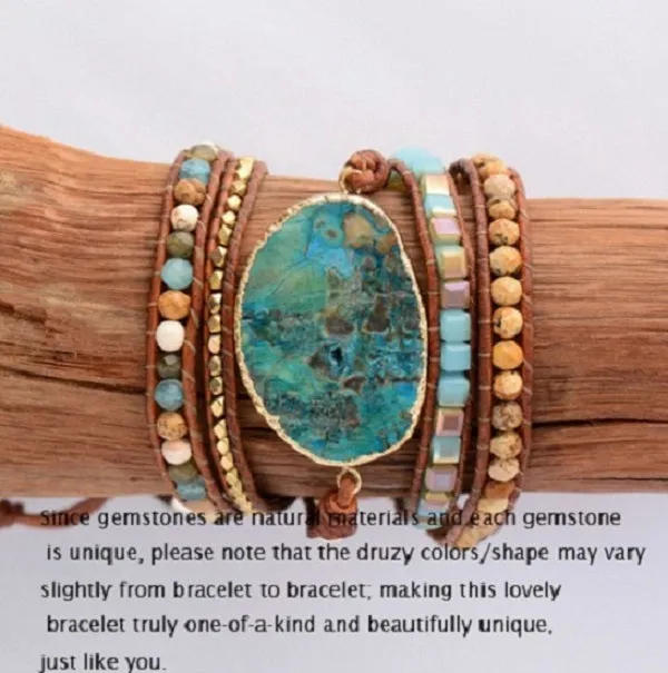 Azurea Aqua Sea Turquoise Gilded Jasper Stone Beaded Wrap Bracelet