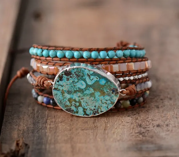 Azurea Aqua Sea Turquoise Gilded Jasper Stone Beaded Wrap Bracelet