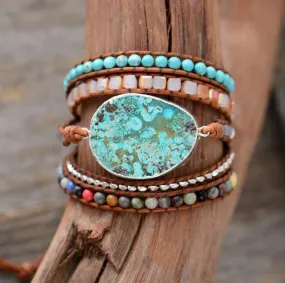 Azurea Aqua Sea Turquoise Gilded Jasper Stone Beaded Wrap Bracelet