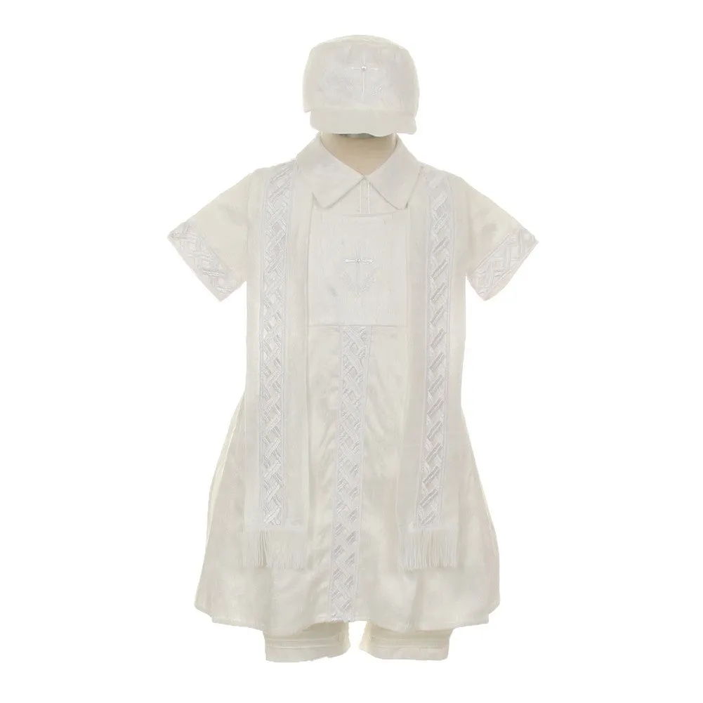 Baby Boys White Silk Cross Embroidered Hat Stole Baptism Romper 6-12M