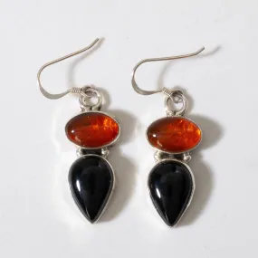 Baltic Amber & Black Onyx Dangle Navajo USA Native American Made 925 Sterling Silver Earrings with French Hook