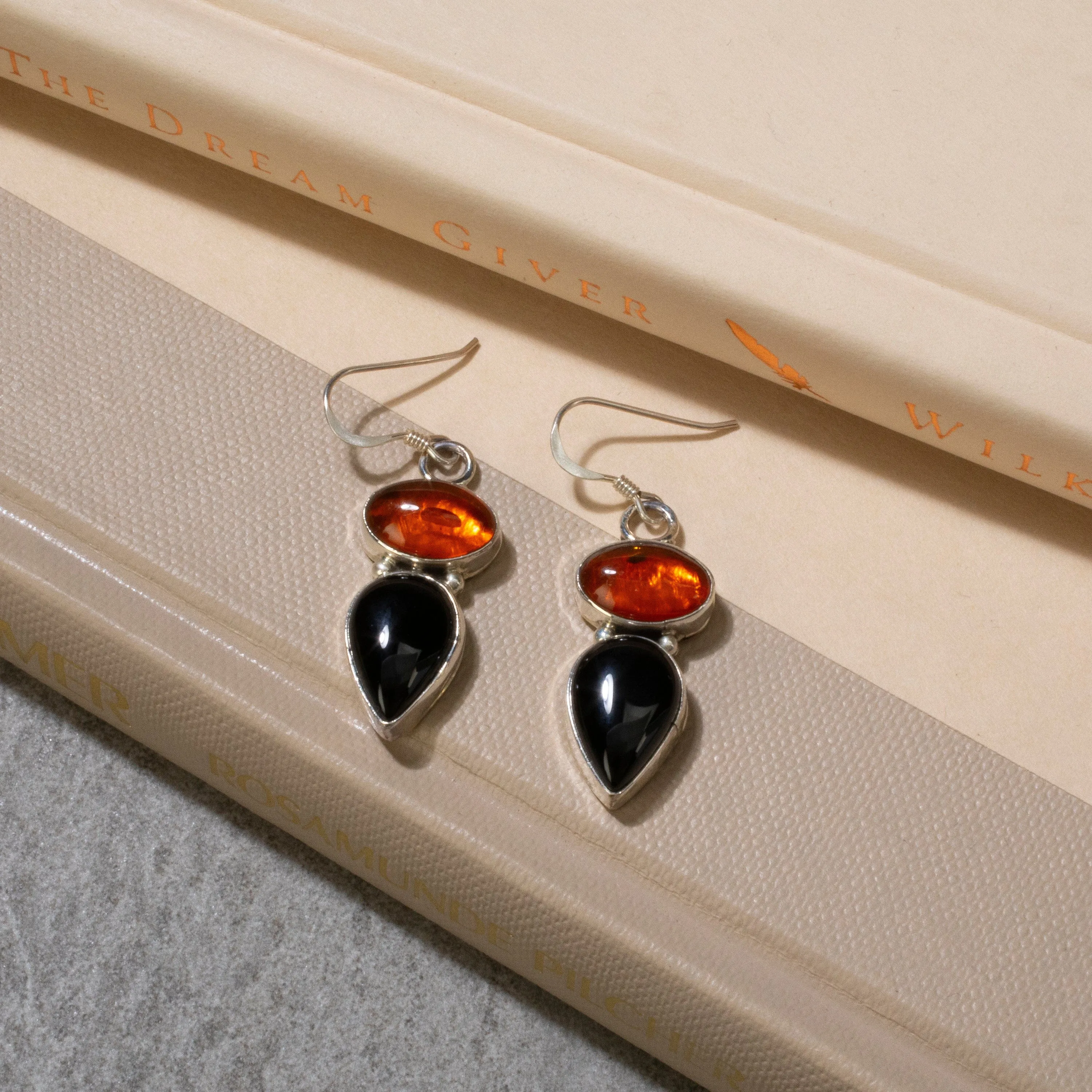 Baltic Amber & Black Onyx Dangle Navajo USA Native American Made 925 Sterling Silver Earrings with French Hook