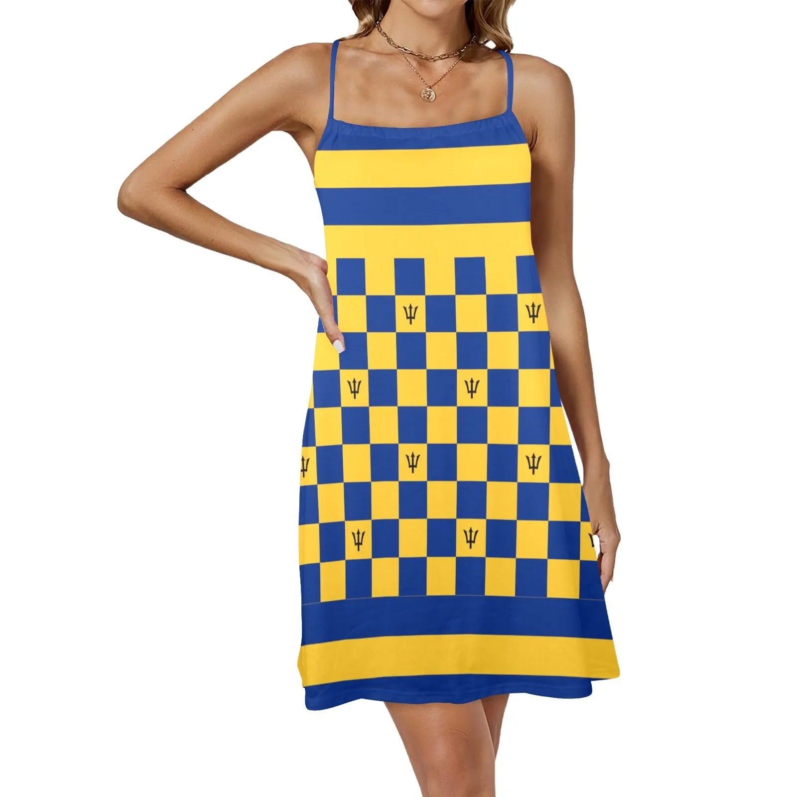 barbados blue Drawstring Neck Sleeveless Dress (Model D68)