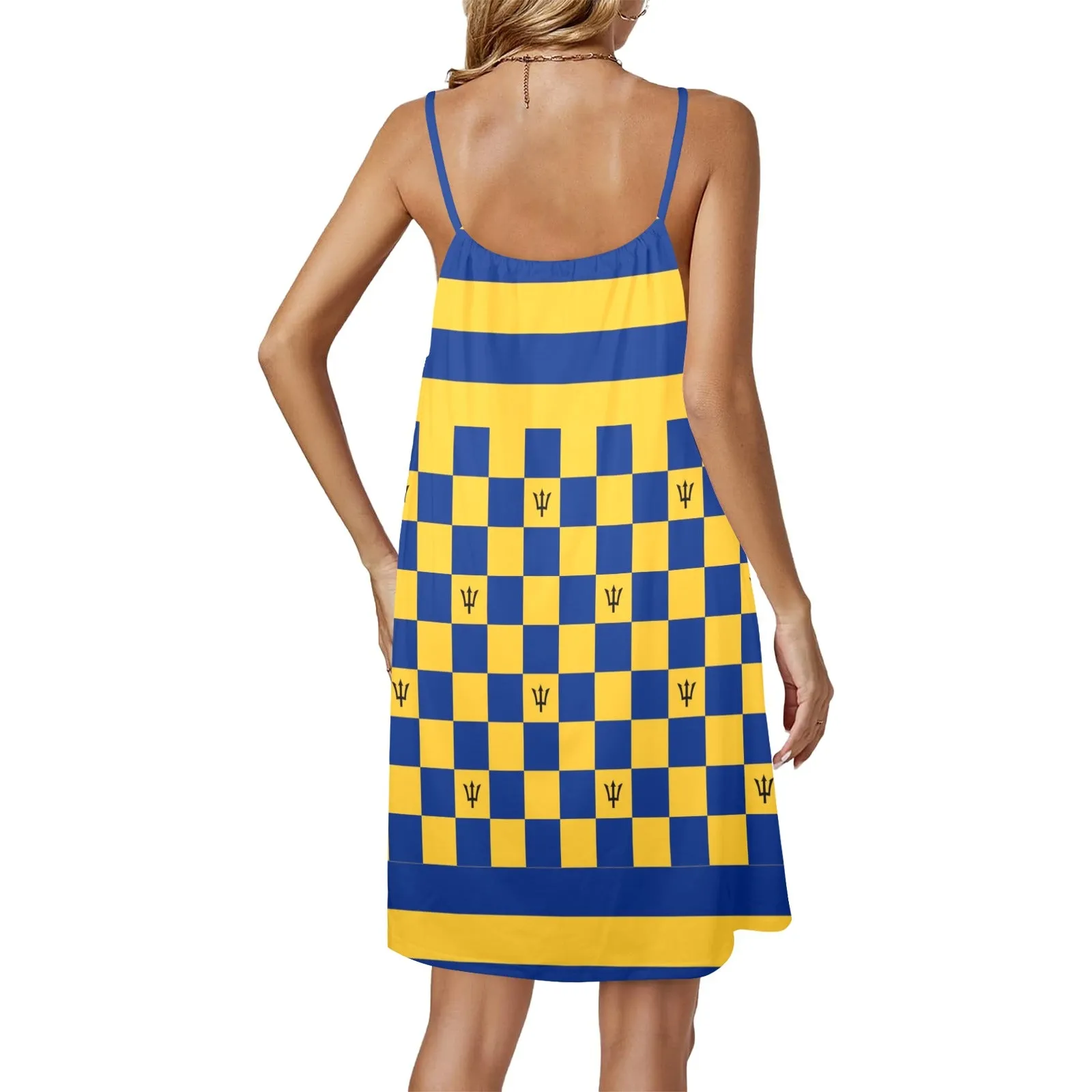 barbados blue Drawstring Neck Sleeveless Dress (Model D68)