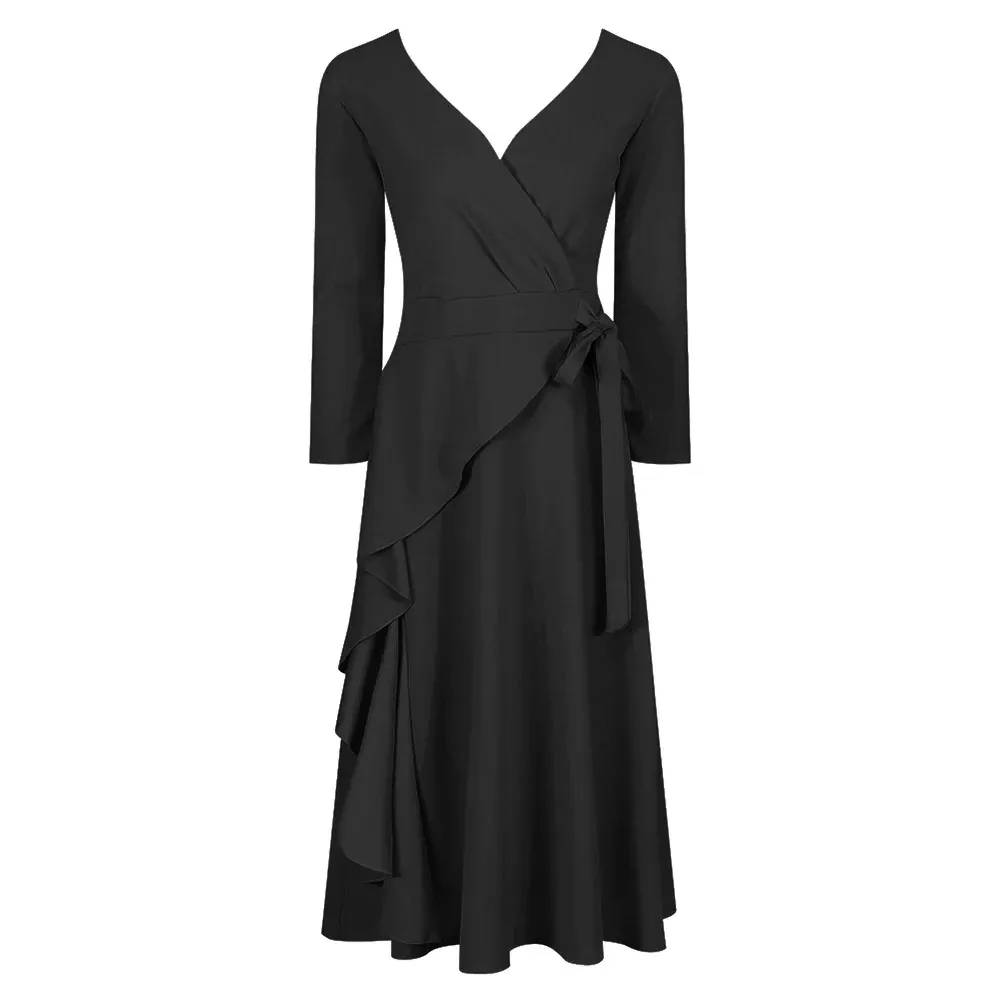 Black Long Sleeve Side Tie Wrap Dress