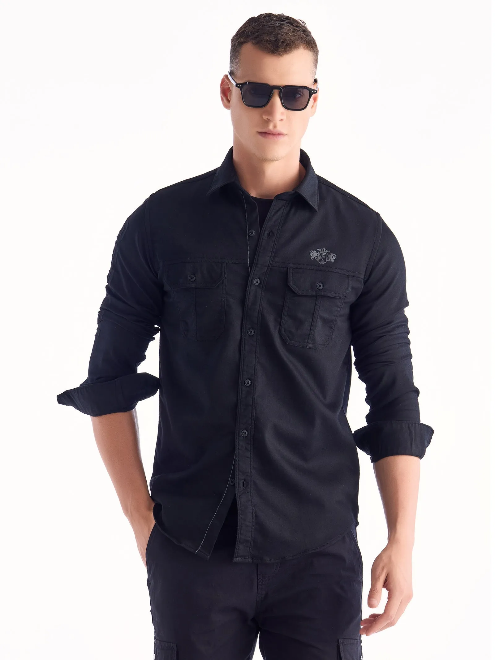 Black Solid Denim Shirt