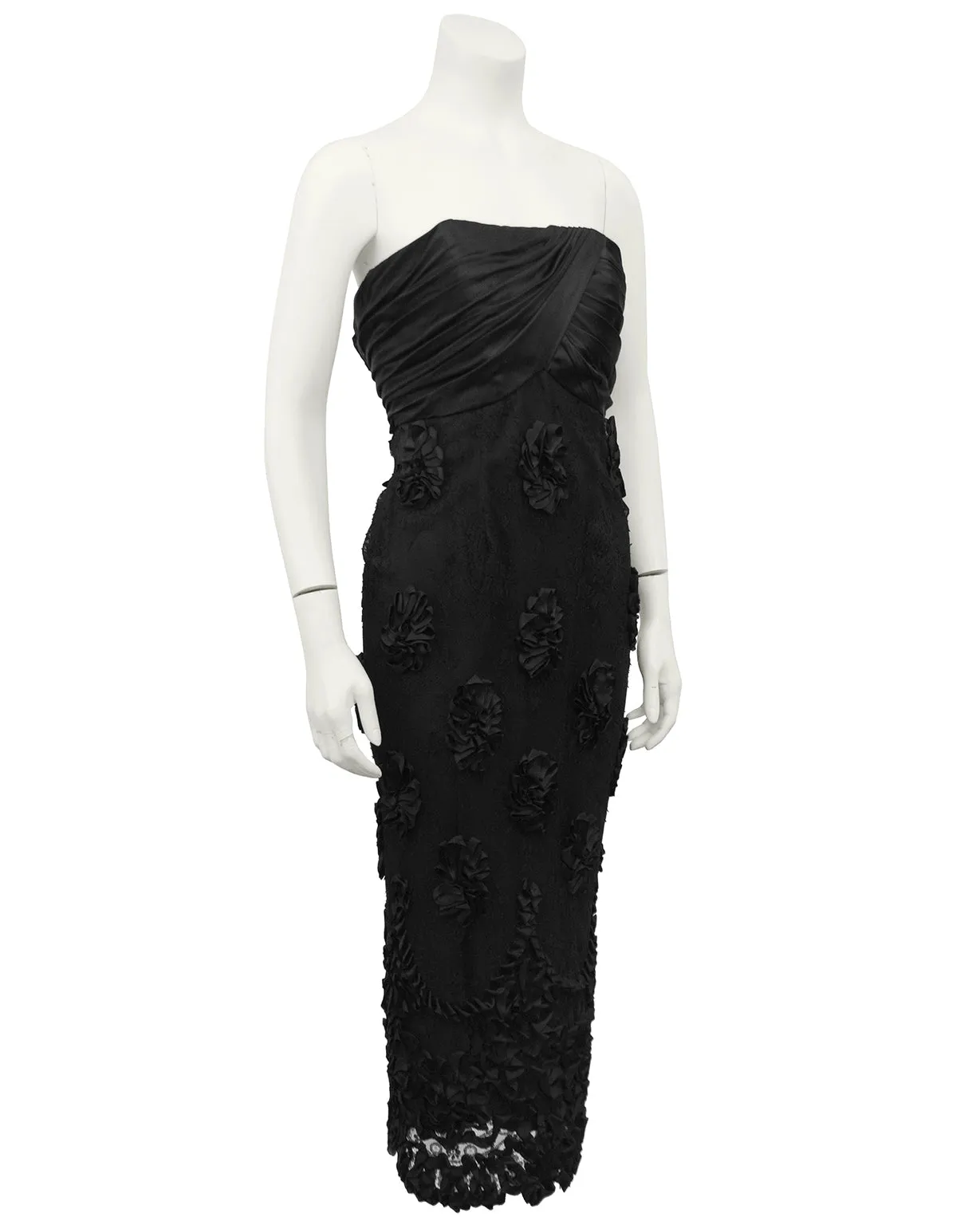 Black Strapless Cocktail Dress with Lace and Floral Applique Skirt