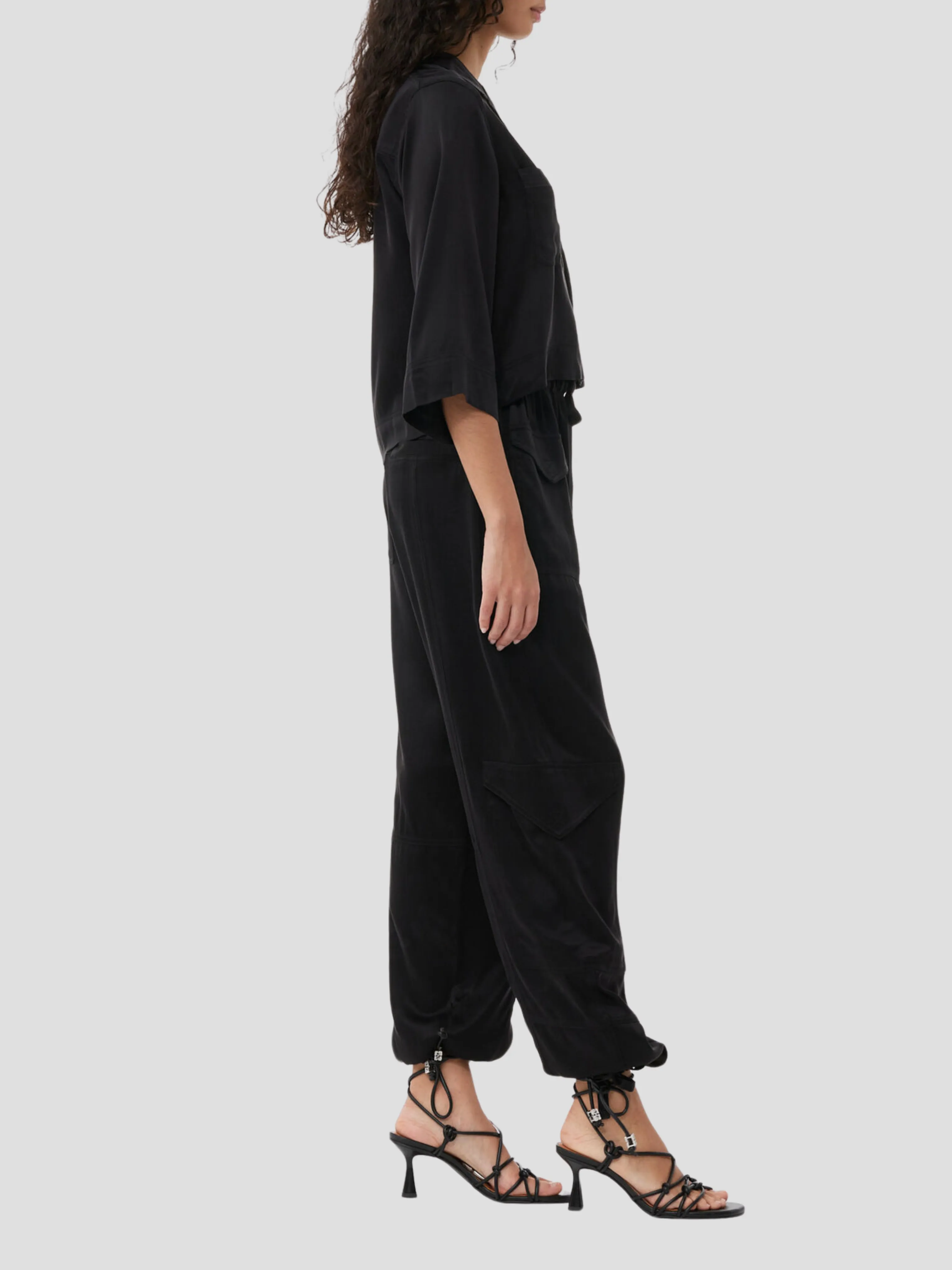 Black Washed Satin Pocket Pants