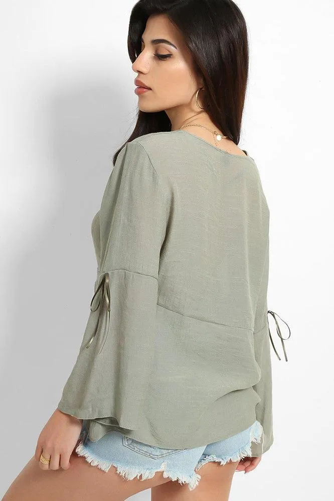 Bleached Khaki Drawstring Details Bell Sleeves Top