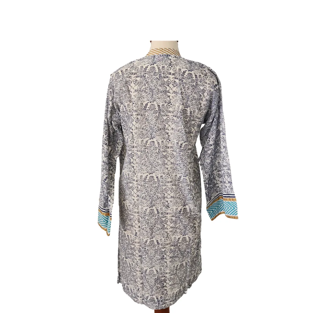 Blocked White, Blue and Gold Printed Navy Tassel Kurta | Gently Used |