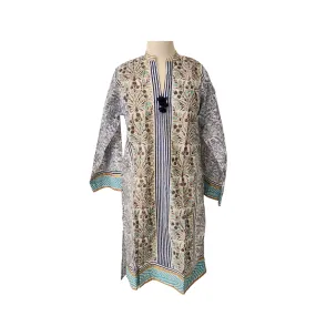 Blocked White, Blue and Gold Printed Navy Tassel Kurta | Gently Used |