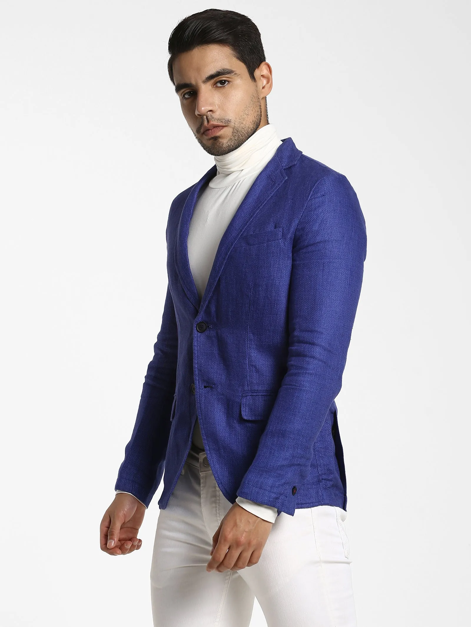 Blue Solid Linen Blazer