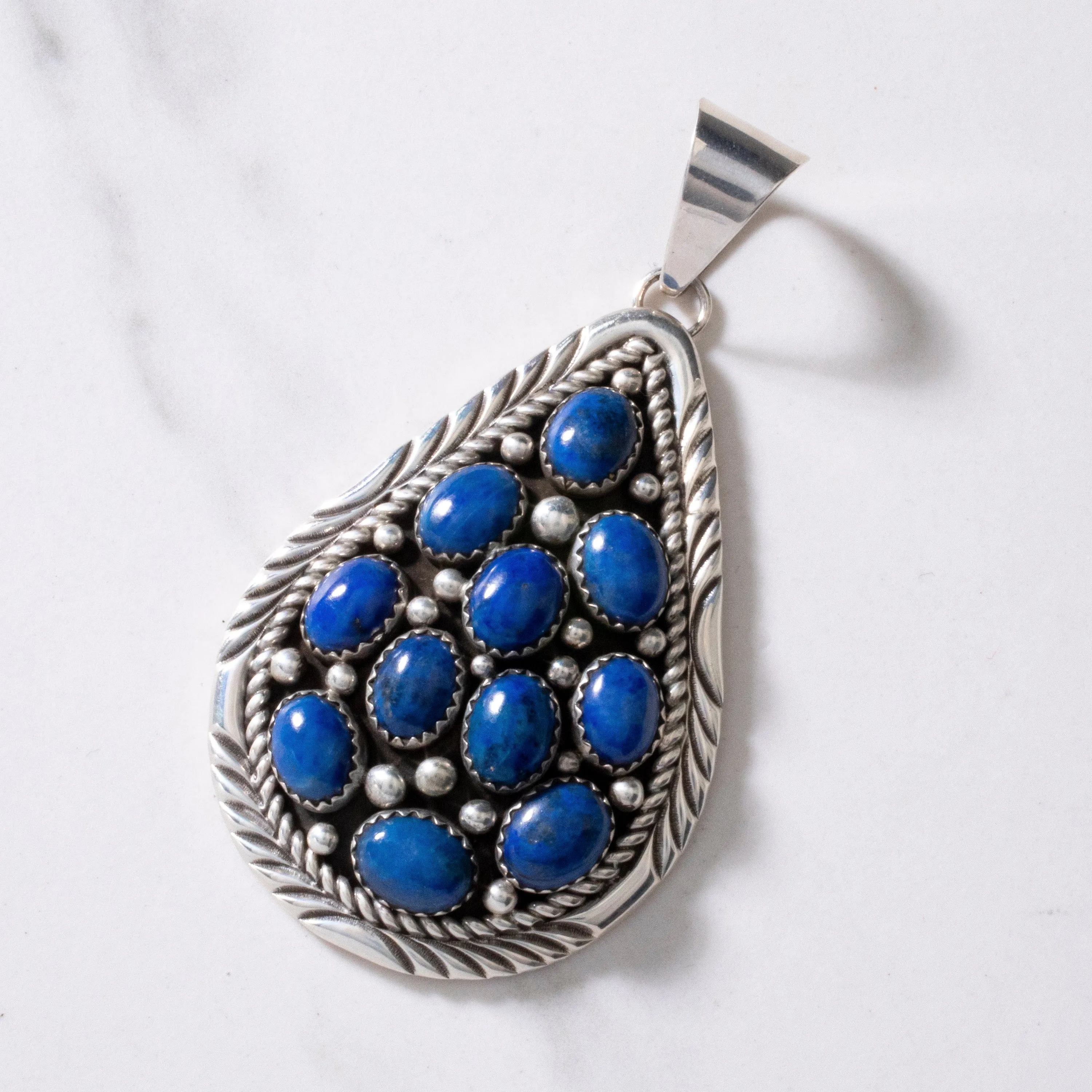 Bobby Johnson Lapis Teardrop Navajo USA Native American Made 925 Sterling Silver Pendant