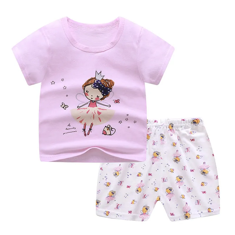 Boys Girls Cotton Cartoon Casual Short-sleeved Suit