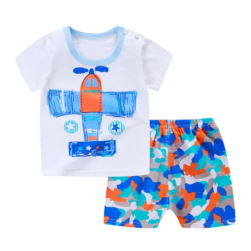 Boys Girls Cotton Cartoon Casual Short-sleeved Suit