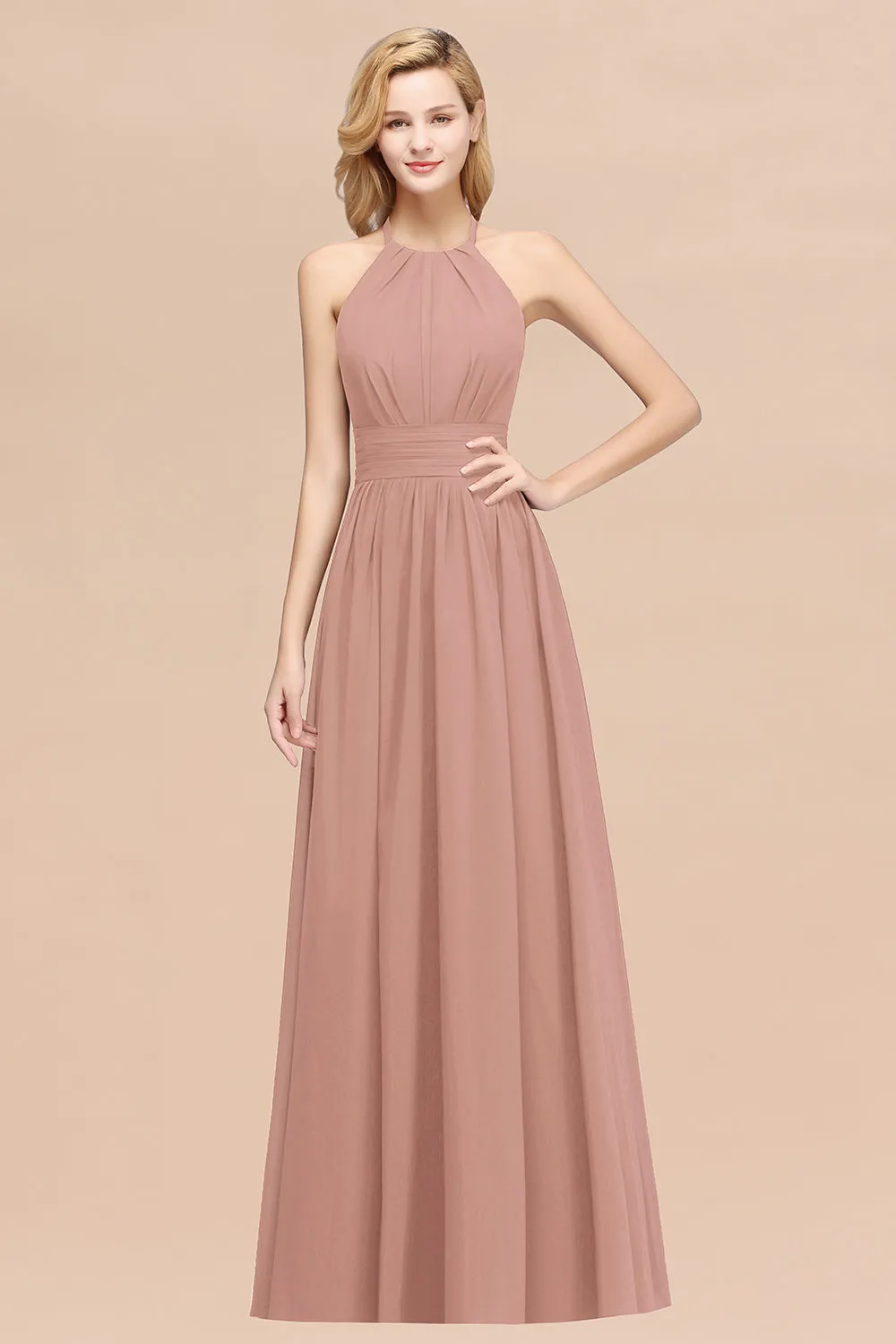 Burgundy Long A-line Chiffon Halter Bridesmaid Dresses with Ruffles