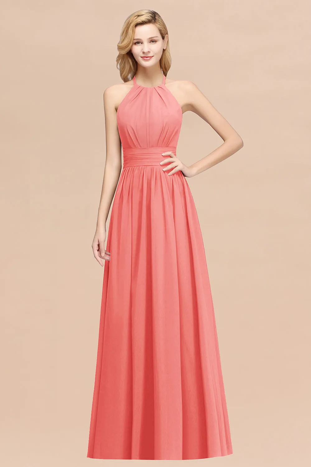 Burgundy Long A-line Chiffon Halter Bridesmaid Dresses with Ruffles