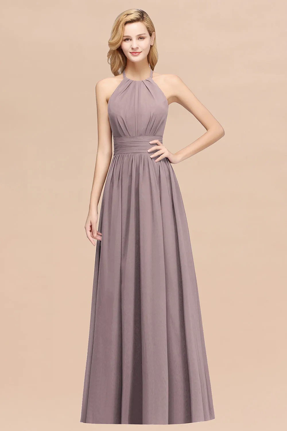 Burgundy Long A-line Chiffon Halter Bridesmaid Dresses with Ruffles