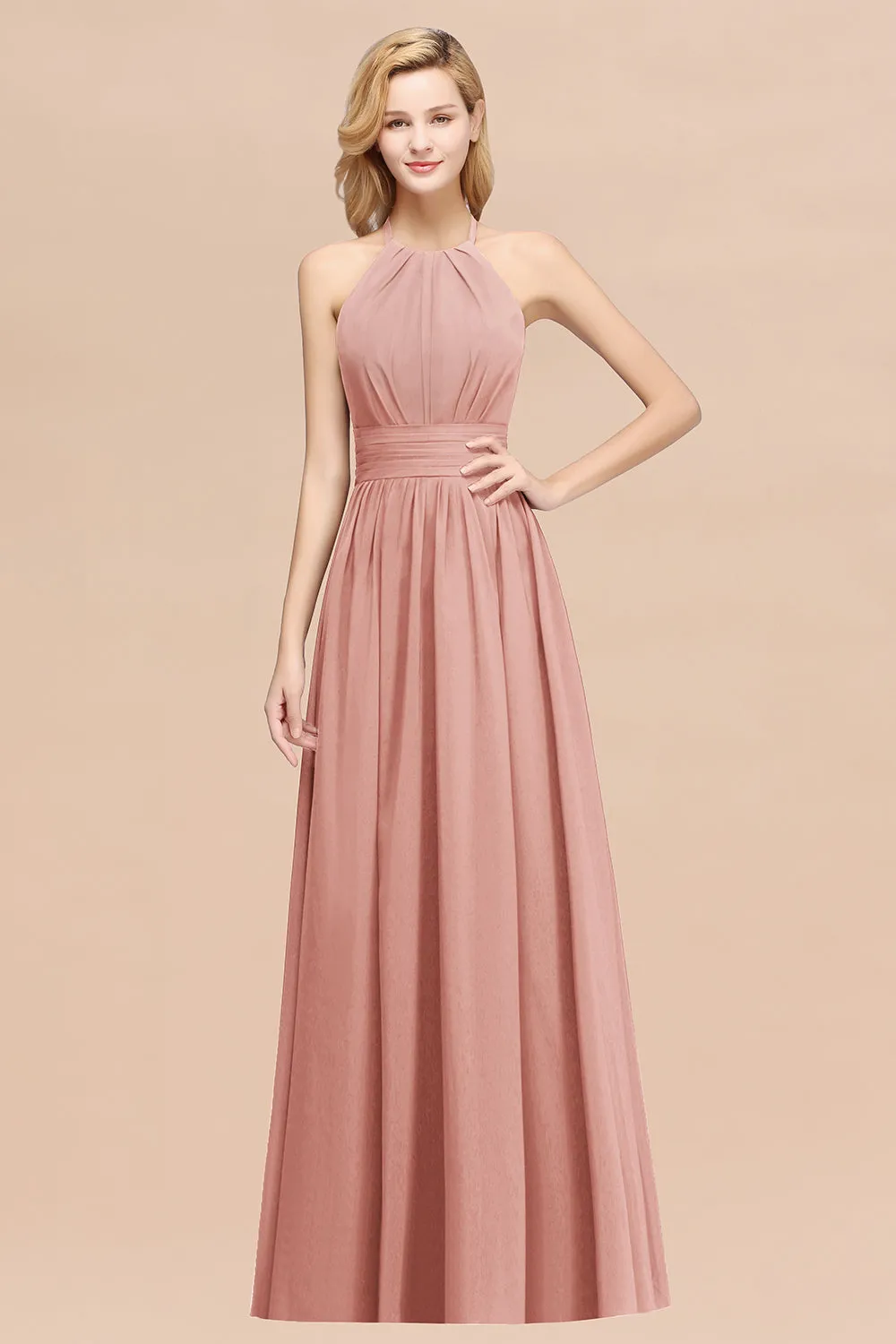 Burgundy Long A-line Chiffon Halter Bridesmaid Dresses with Ruffles