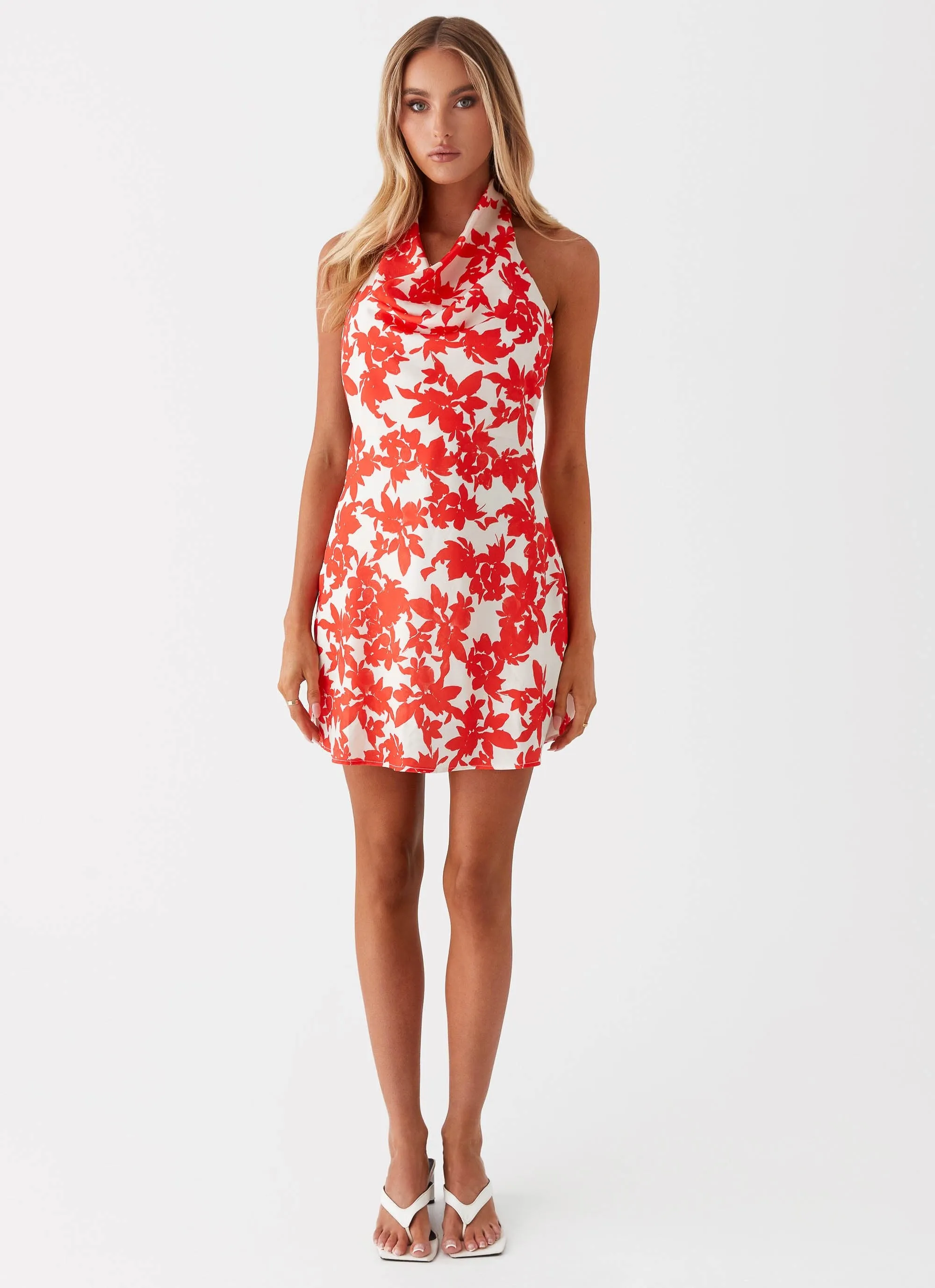 Carmine Bouquet Cowl Neck Mini Dress - Red Floral