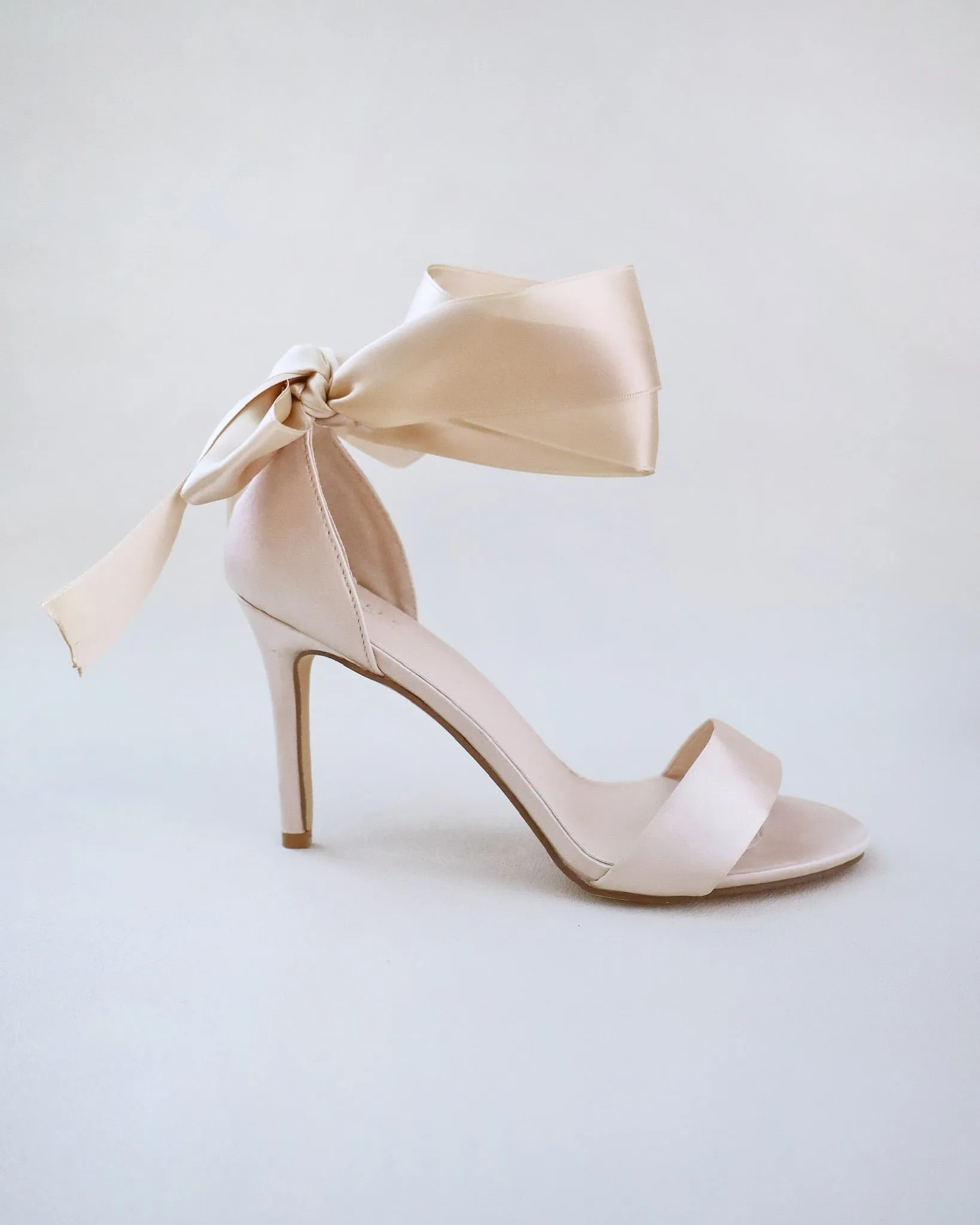 Champagne Satin High Heel Evening Sandals with Wrapped Ankle Tie