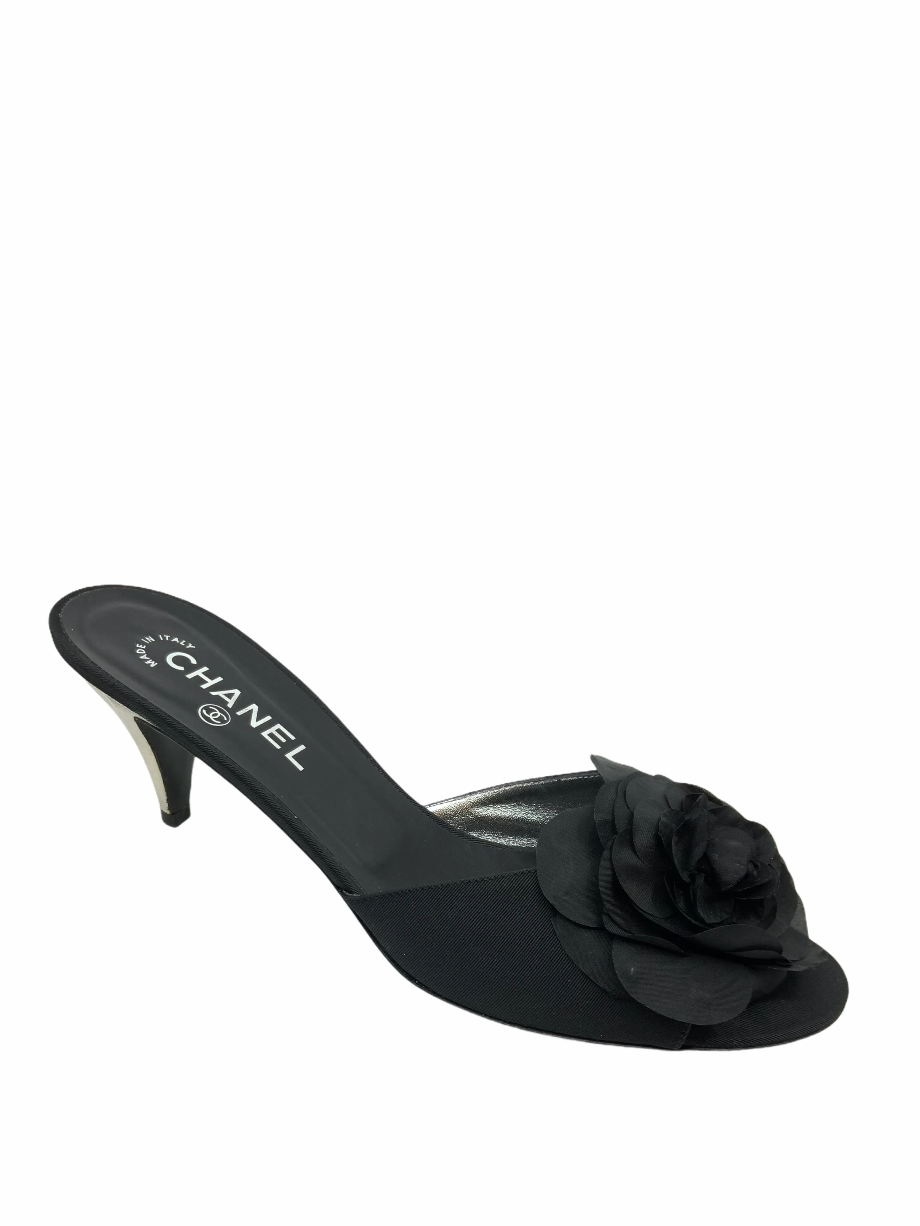 Chanel Silk Grosgrain Camellia Metal Heel Mules Size 11