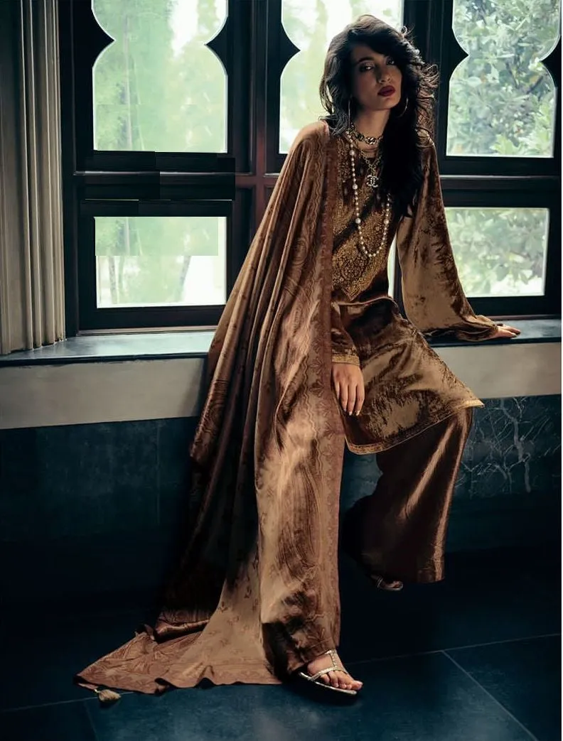 Classy Golden Velvet Embroidered suit with dupatta - Rent