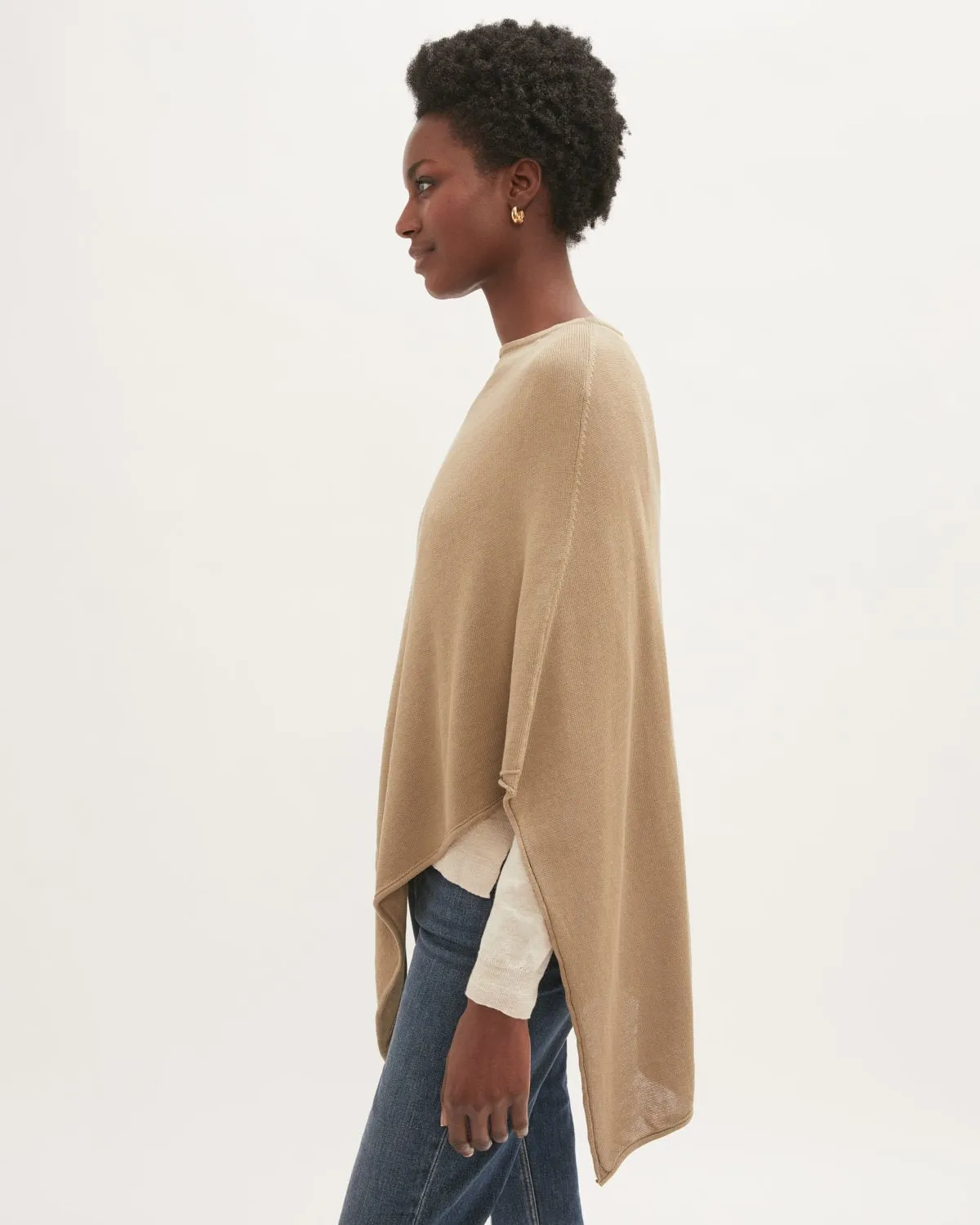 Cotton Blend Knitted Poncho | Beige